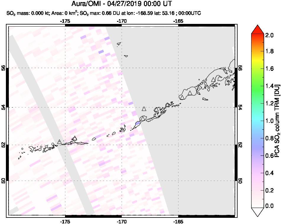 A sulfur dioxide image over Aleutian Islands, Alaska, USA on Apr 27, 2019.