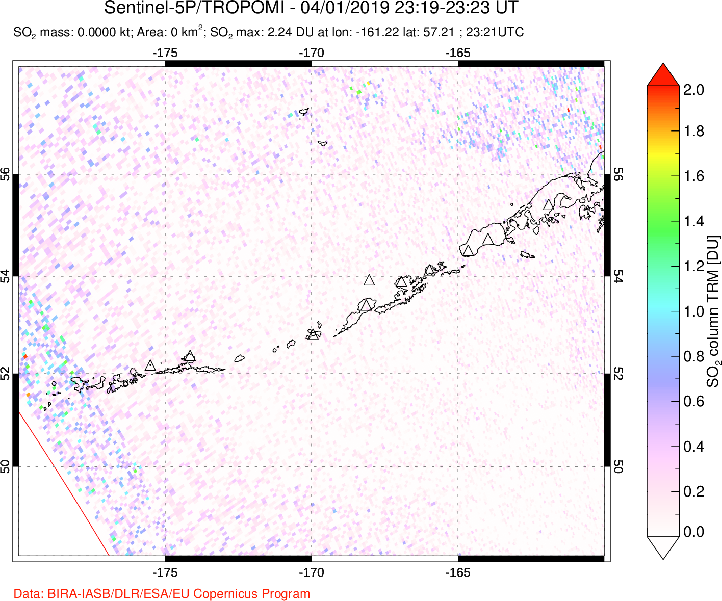 A sulfur dioxide image over Aleutian Islands, Alaska, USA on Apr 01, 2019.