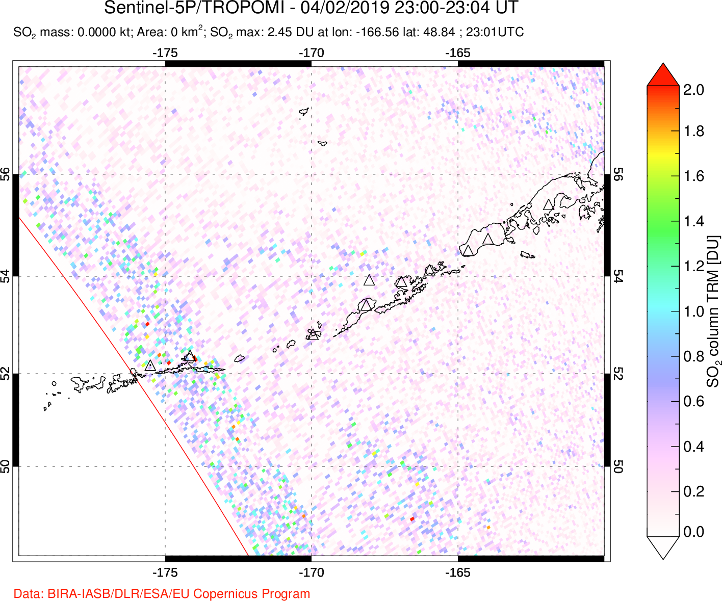 A sulfur dioxide image over Aleutian Islands, Alaska, USA on Apr 02, 2019.