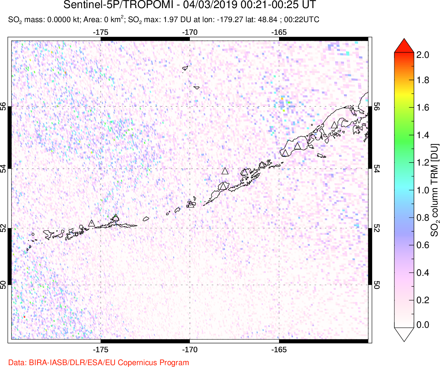 A sulfur dioxide image over Aleutian Islands, Alaska, USA on Apr 03, 2019.