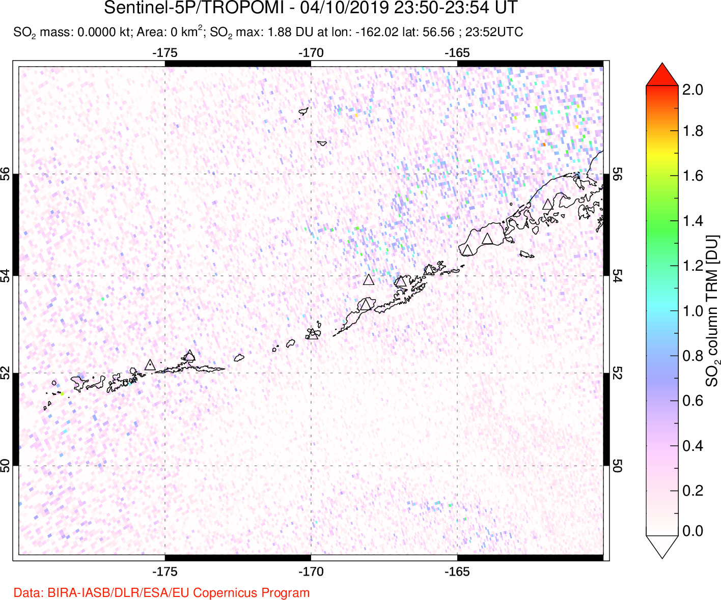 A sulfur dioxide image over Aleutian Islands, Alaska, USA on Apr 10, 2019.