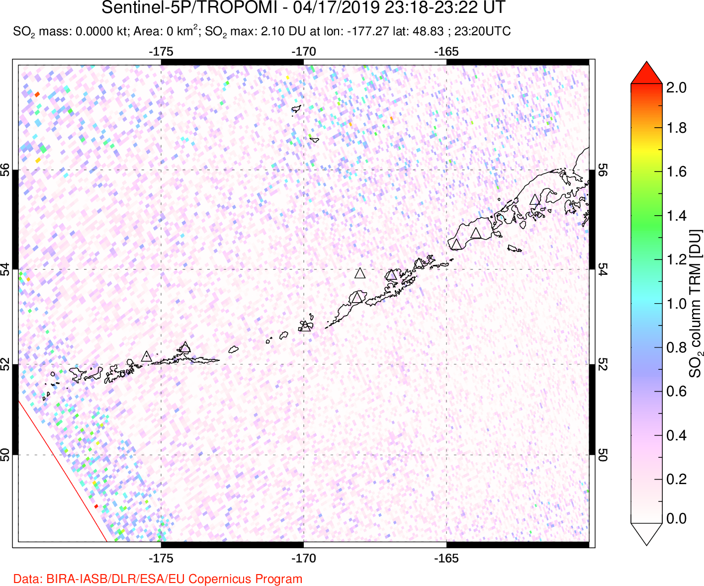 A sulfur dioxide image over Aleutian Islands, Alaska, USA on Apr 17, 2019.