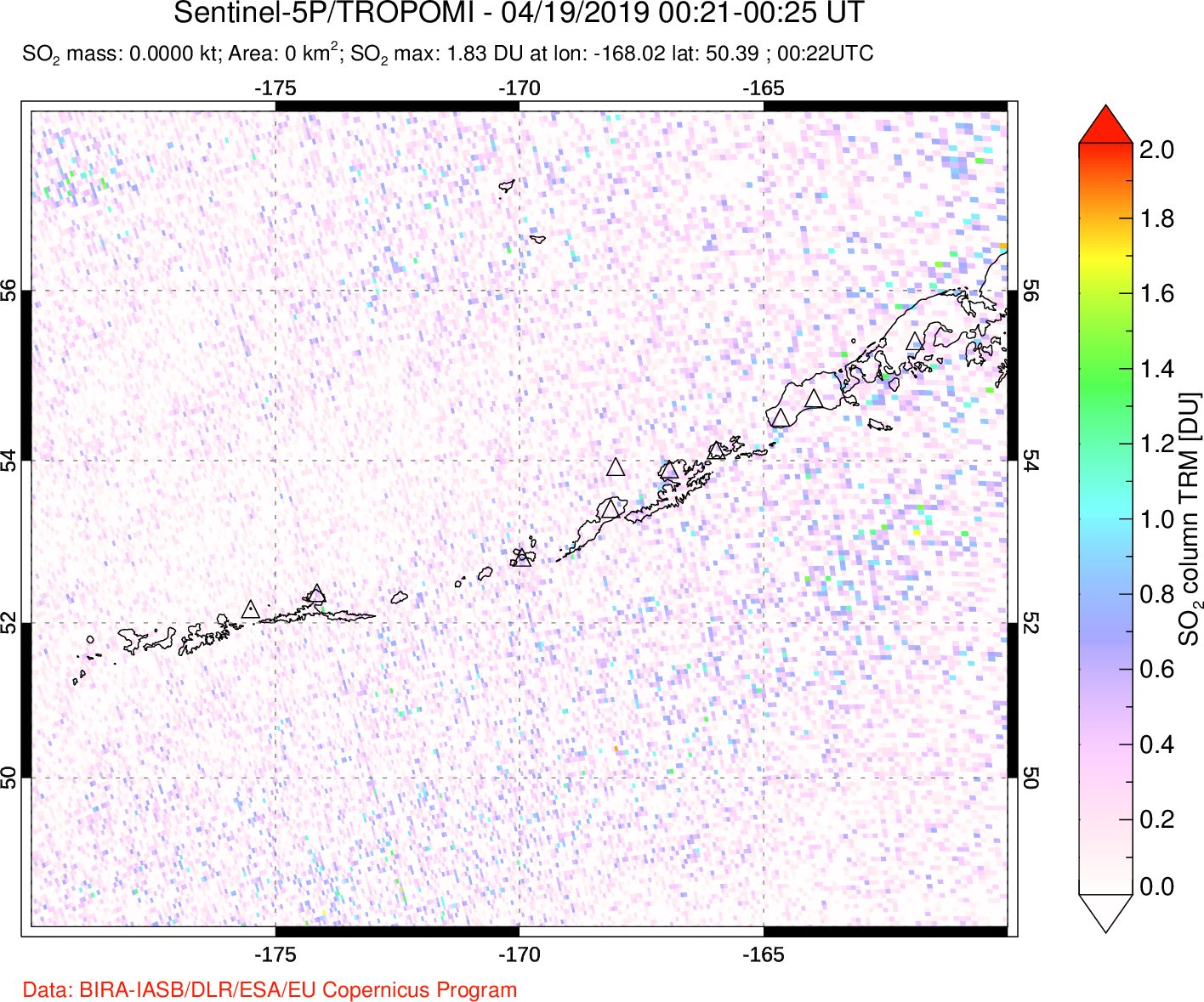 A sulfur dioxide image over Aleutian Islands, Alaska, USA on Apr 19, 2019.