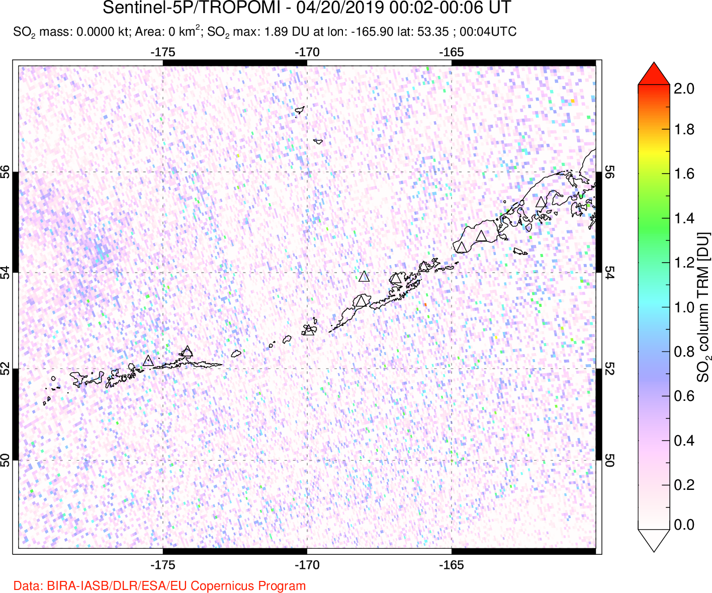 A sulfur dioxide image over Aleutian Islands, Alaska, USA on Apr 20, 2019.