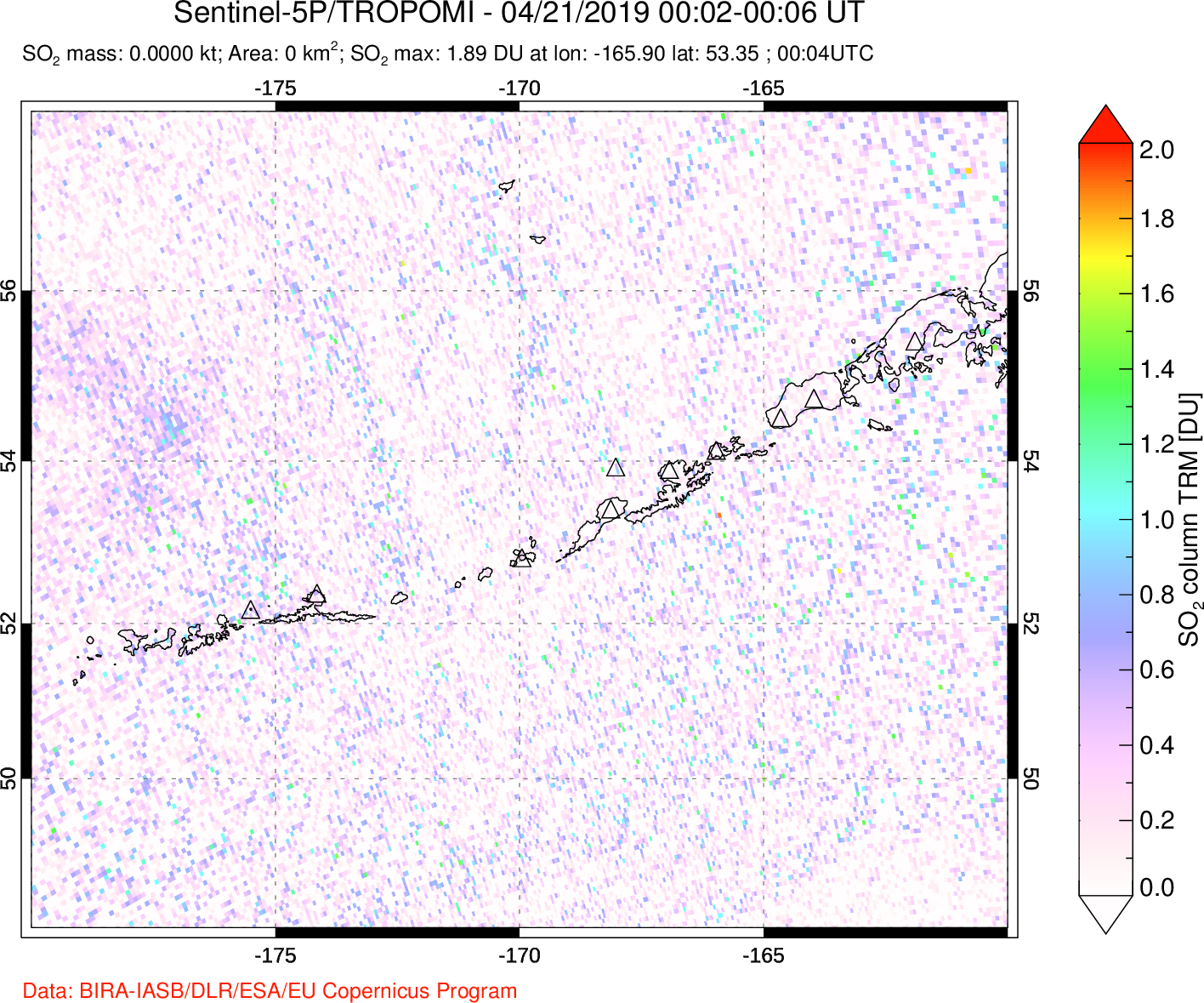 A sulfur dioxide image over Aleutian Islands, Alaska, USA on Apr 21, 2019.