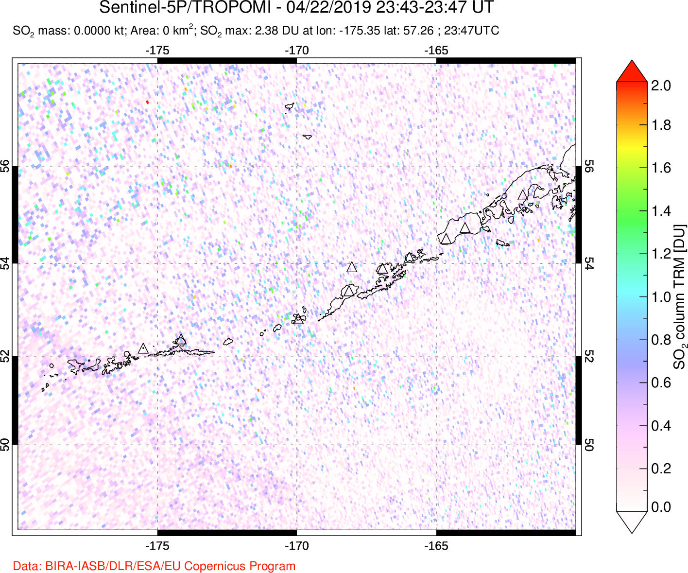 A sulfur dioxide image over Aleutian Islands, Alaska, USA on Apr 22, 2019.
