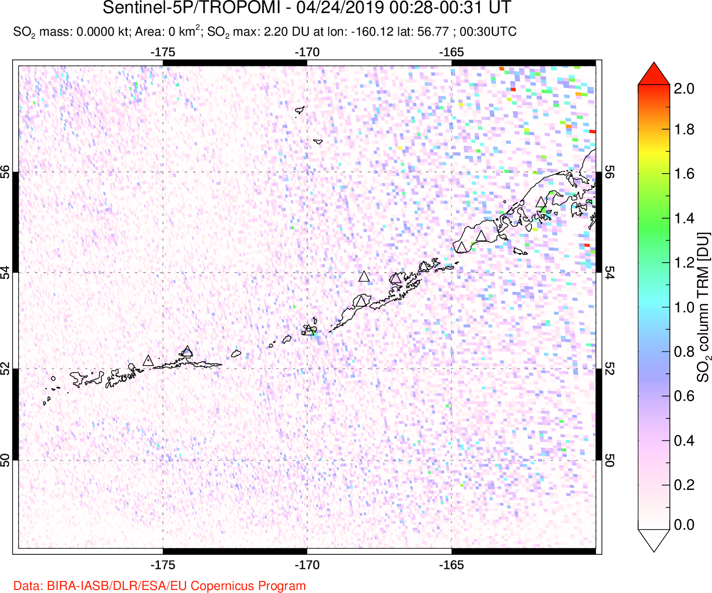 A sulfur dioxide image over Aleutian Islands, Alaska, USA on Apr 24, 2019.