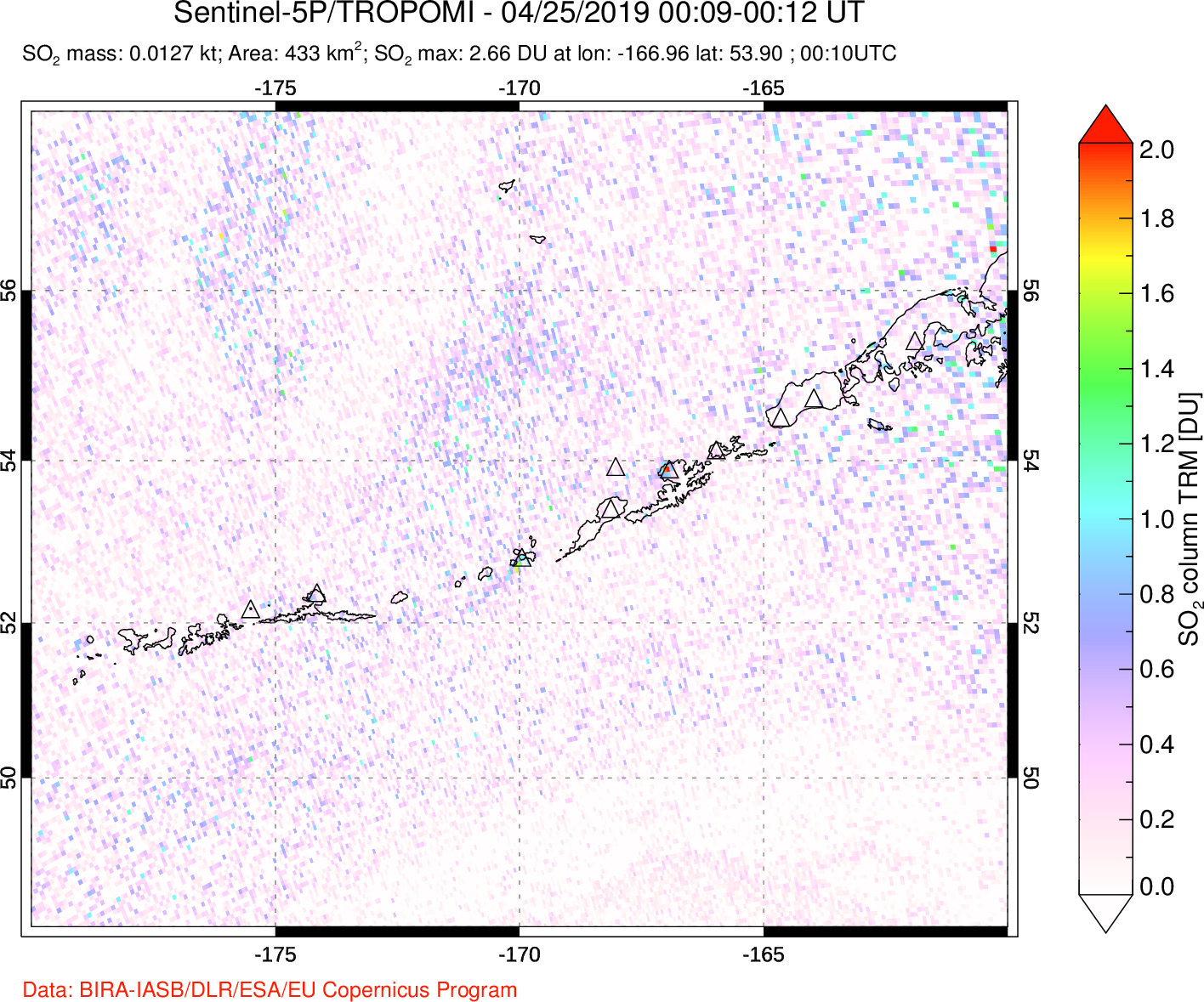 A sulfur dioxide image over Aleutian Islands, Alaska, USA on Apr 25, 2019.