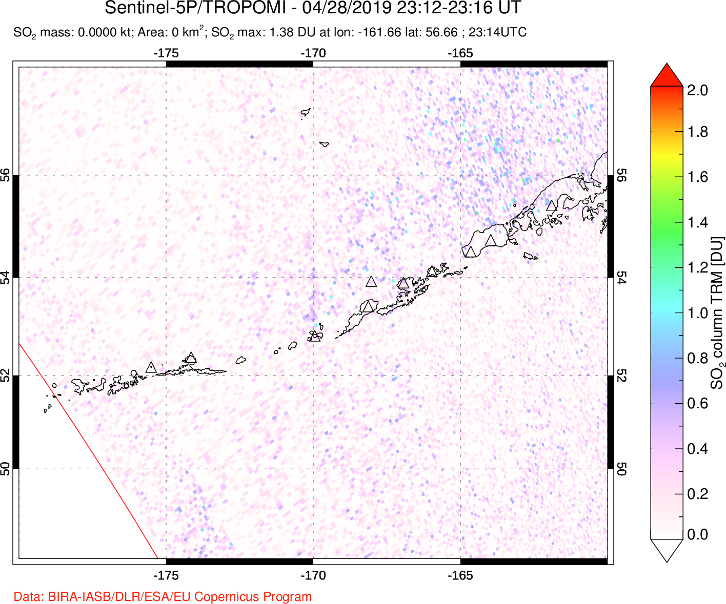 A sulfur dioxide image over Aleutian Islands, Alaska, USA on Apr 28, 2019.