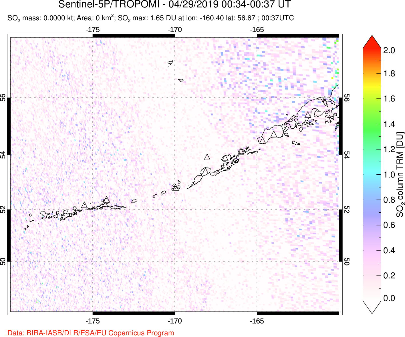 A sulfur dioxide image over Aleutian Islands, Alaska, USA on Apr 29, 2019.