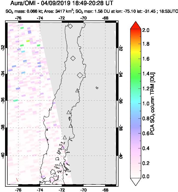 A sulfur dioxide image over Central Chile on Apr 09, 2019.