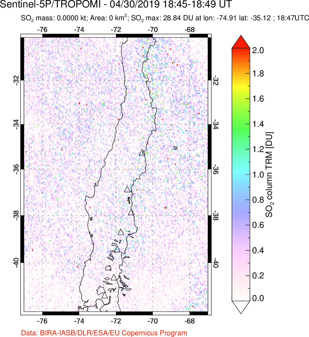 A sulfur dioxide image over Central Chile on Apr 30, 2019.