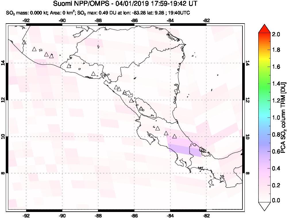 A sulfur dioxide image over Central America on Apr 01, 2019.
