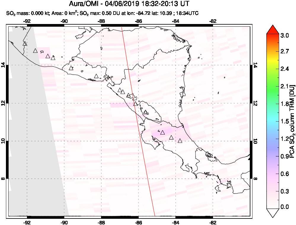 A sulfur dioxide image over Central America on Apr 06, 2019.