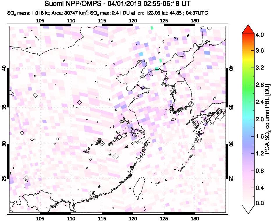 A sulfur dioxide image over Eastern China on Apr 01, 2019.