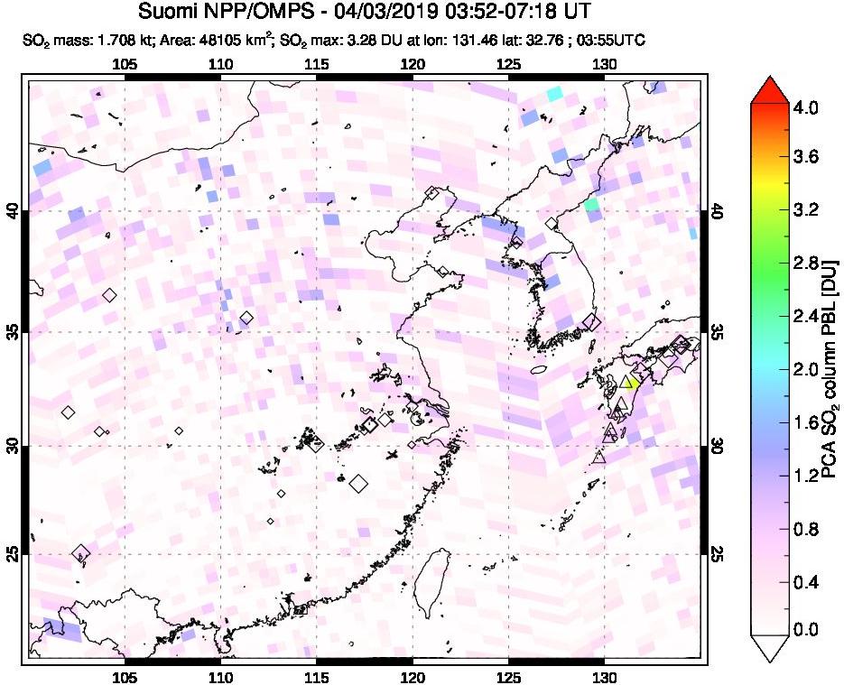 A sulfur dioxide image over Eastern China on Apr 03, 2019.