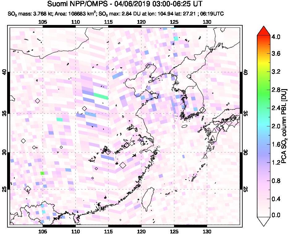 A sulfur dioxide image over Eastern China on Apr 06, 2019.