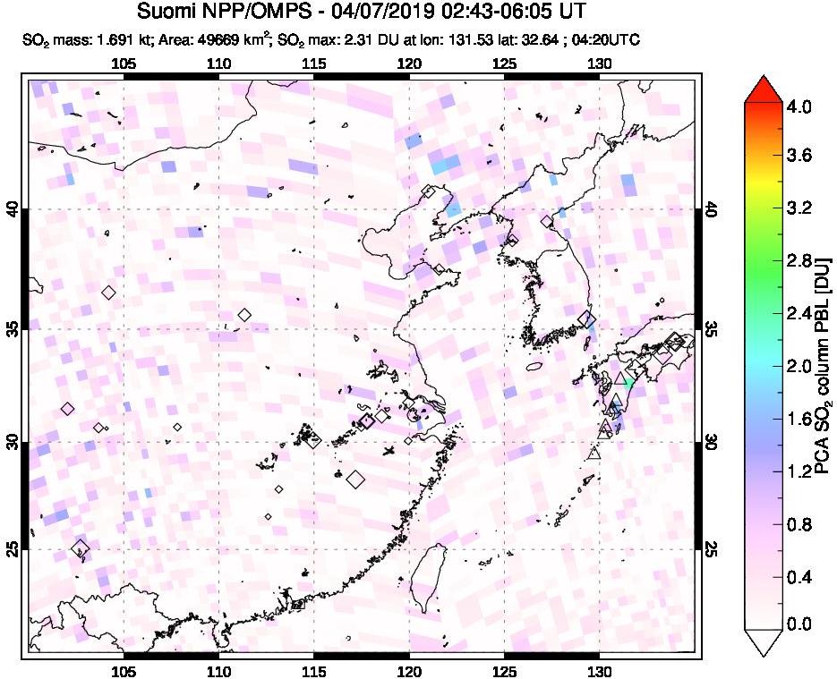 A sulfur dioxide image over Eastern China on Apr 07, 2019.