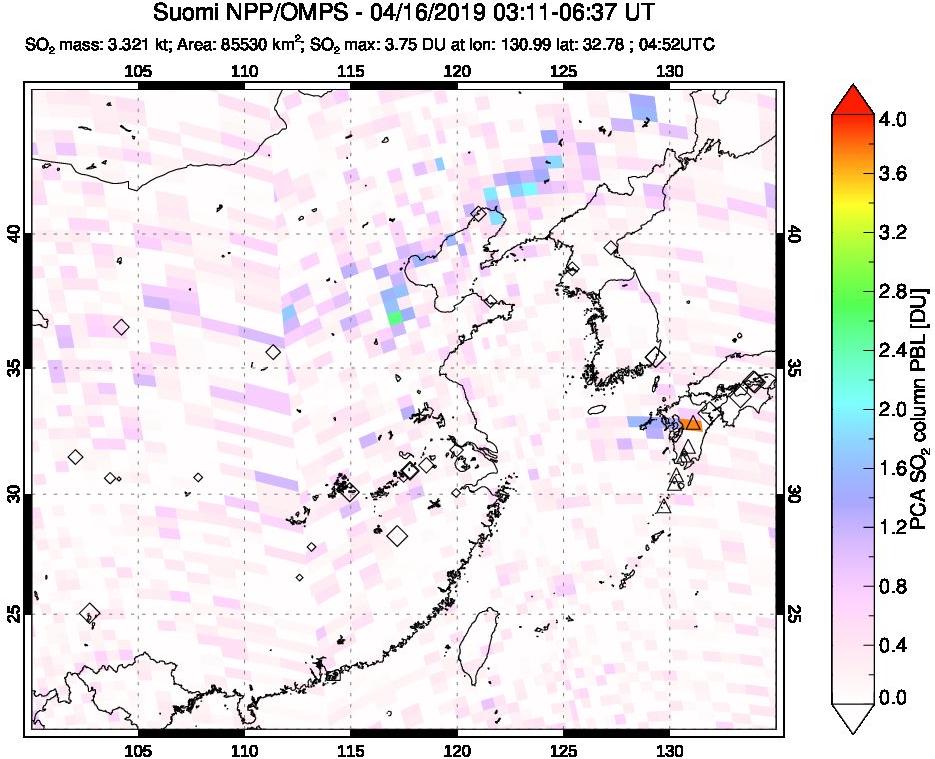 A sulfur dioxide image over Eastern China on Apr 16, 2019.