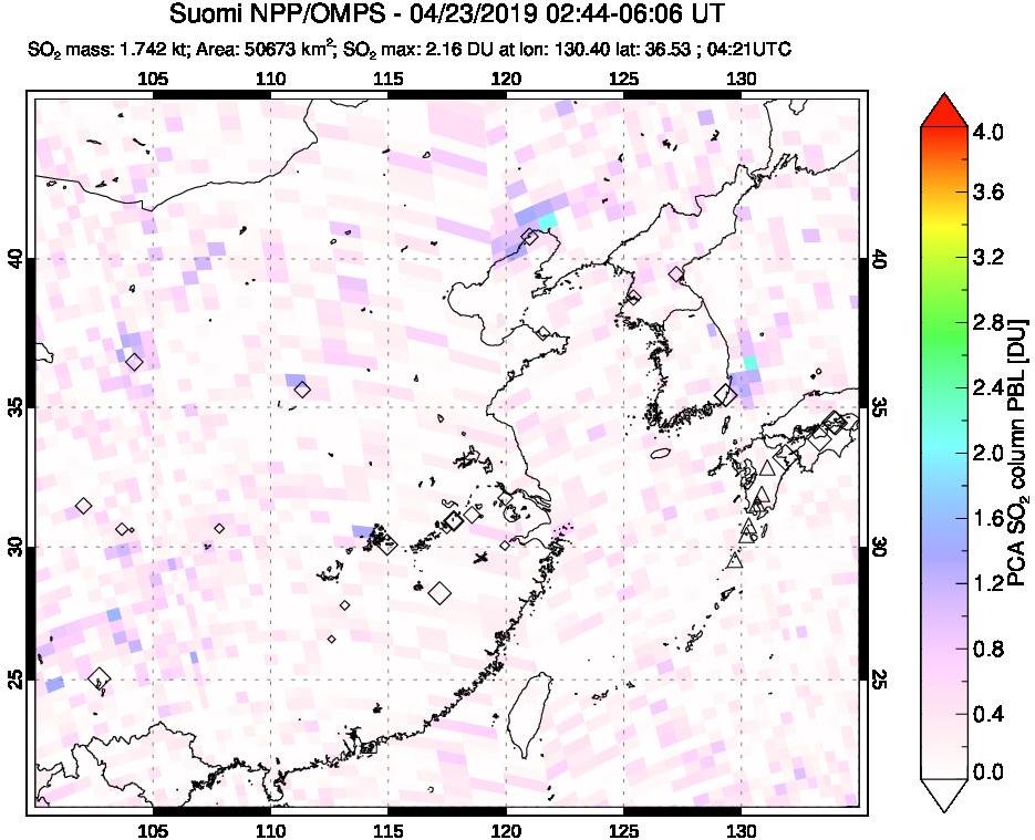A sulfur dioxide image over Eastern China on Apr 23, 2019.