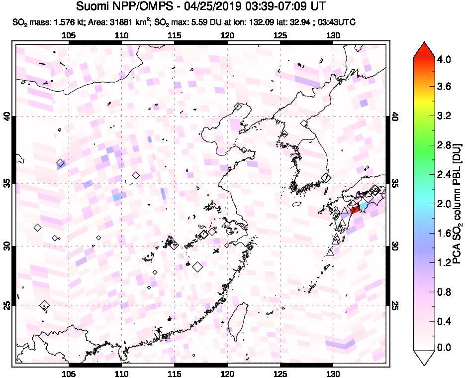 A sulfur dioxide image over Eastern China on Apr 25, 2019.