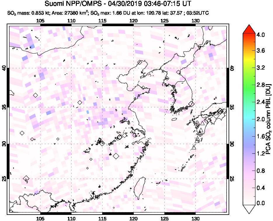 A sulfur dioxide image over Eastern China on Apr 30, 2019.
