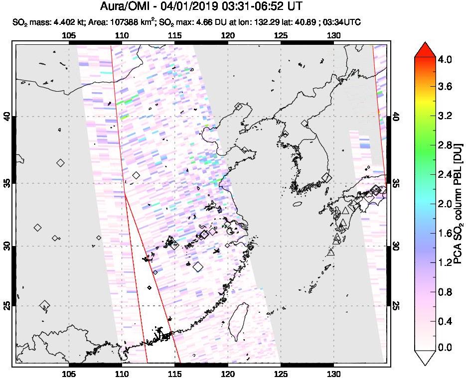 A sulfur dioxide image over Eastern China on Apr 01, 2019.