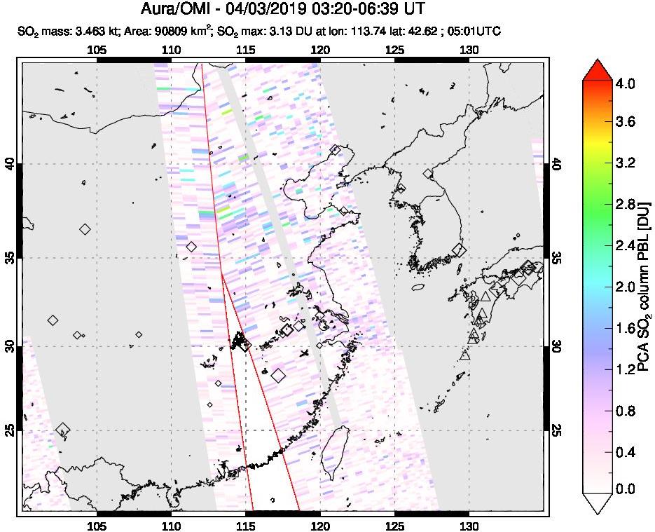 A sulfur dioxide image over Eastern China on Apr 03, 2019.