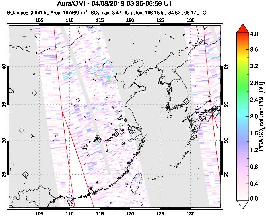 A sulfur dioxide image over Eastern China on Apr 08, 2019.