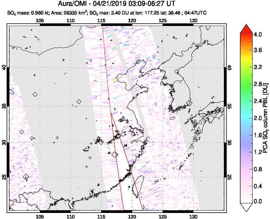 A sulfur dioxide image over Eastern China on Apr 21, 2019.