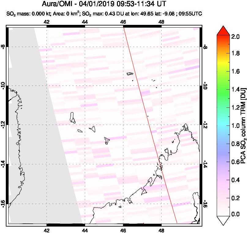 A sulfur dioxide image over Comoro Islands on Apr 01, 2019.