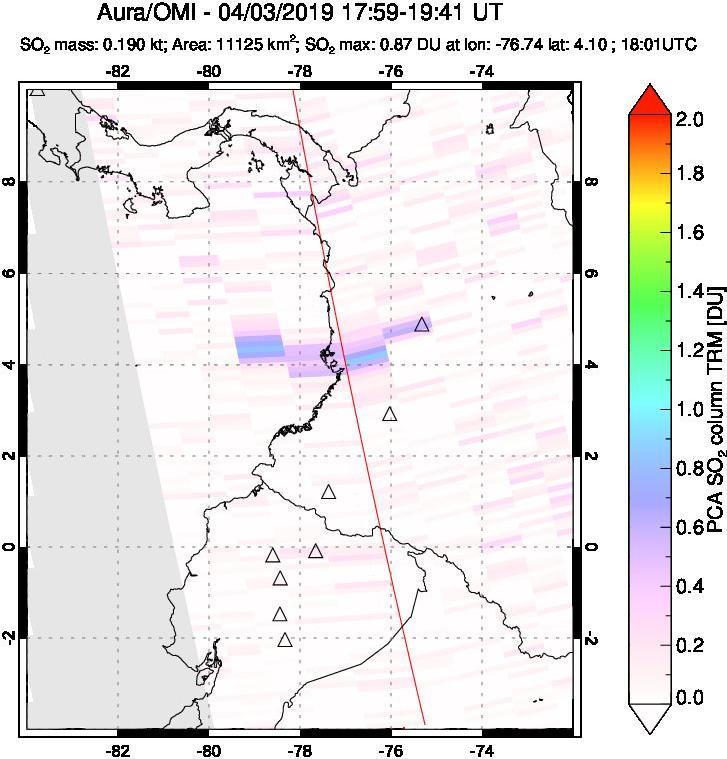 A sulfur dioxide image over Ecuador on Apr 03, 2019.