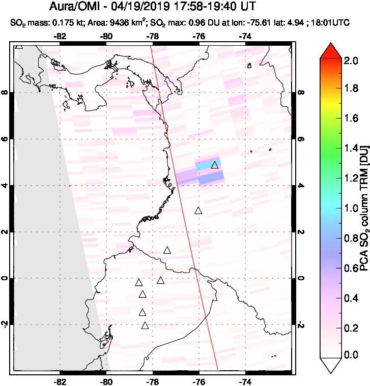 A sulfur dioxide image over Ecuador on Apr 19, 2019.