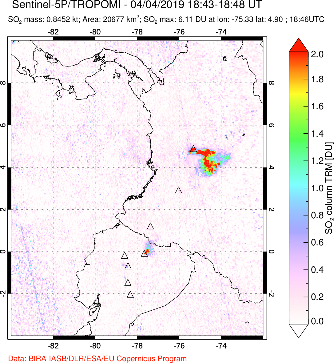 A sulfur dioxide image over Ecuador on Apr 04, 2019.