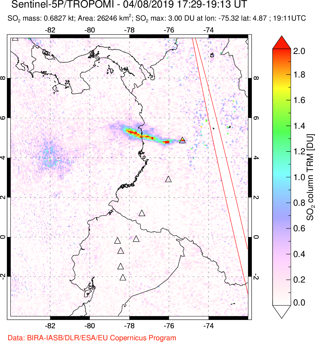 A sulfur dioxide image over Ecuador on Apr 08, 2019.