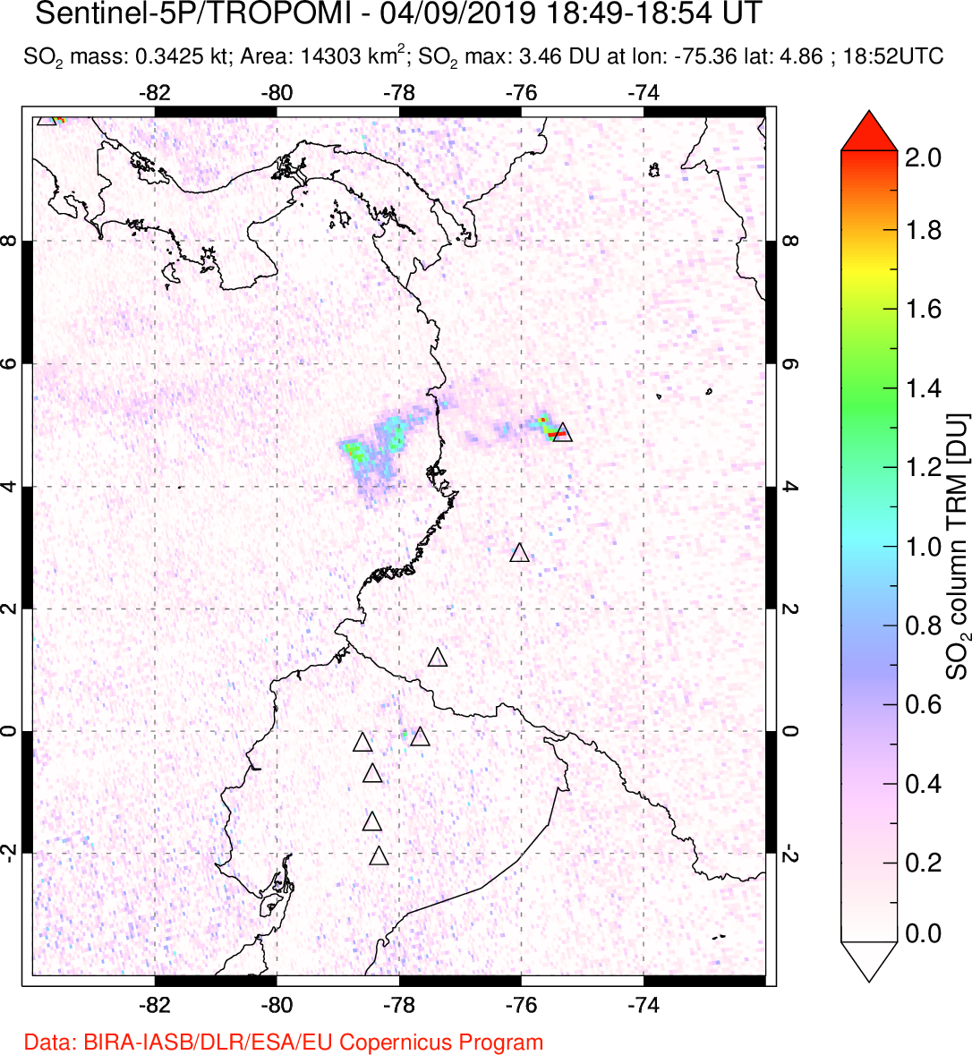 A sulfur dioxide image over Ecuador on Apr 09, 2019.