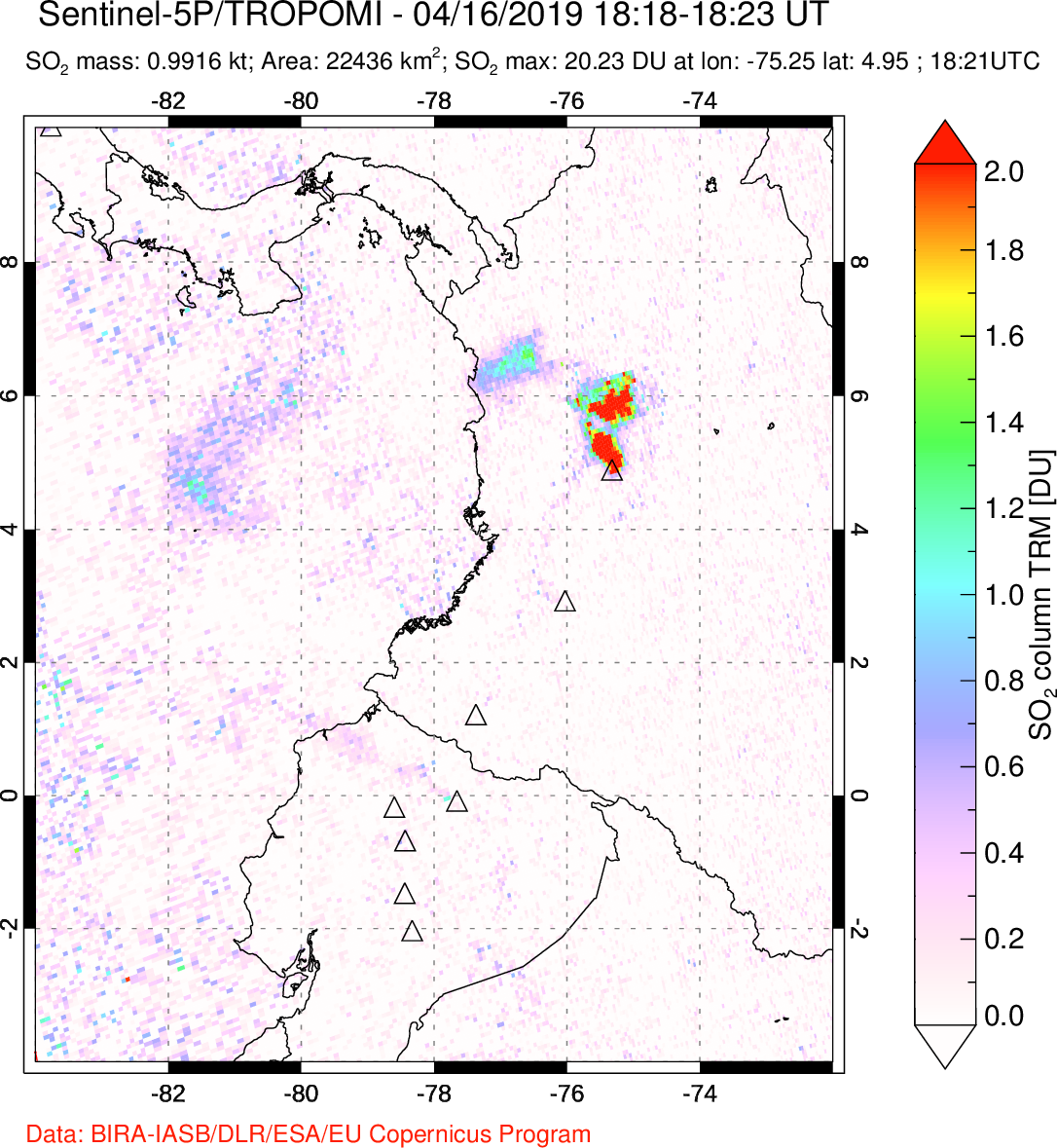A sulfur dioxide image over Ecuador on Apr 16, 2019.