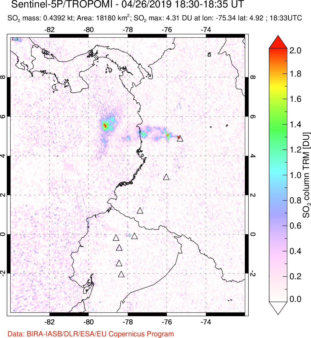 A sulfur dioxide image over Ecuador on Apr 26, 2019.