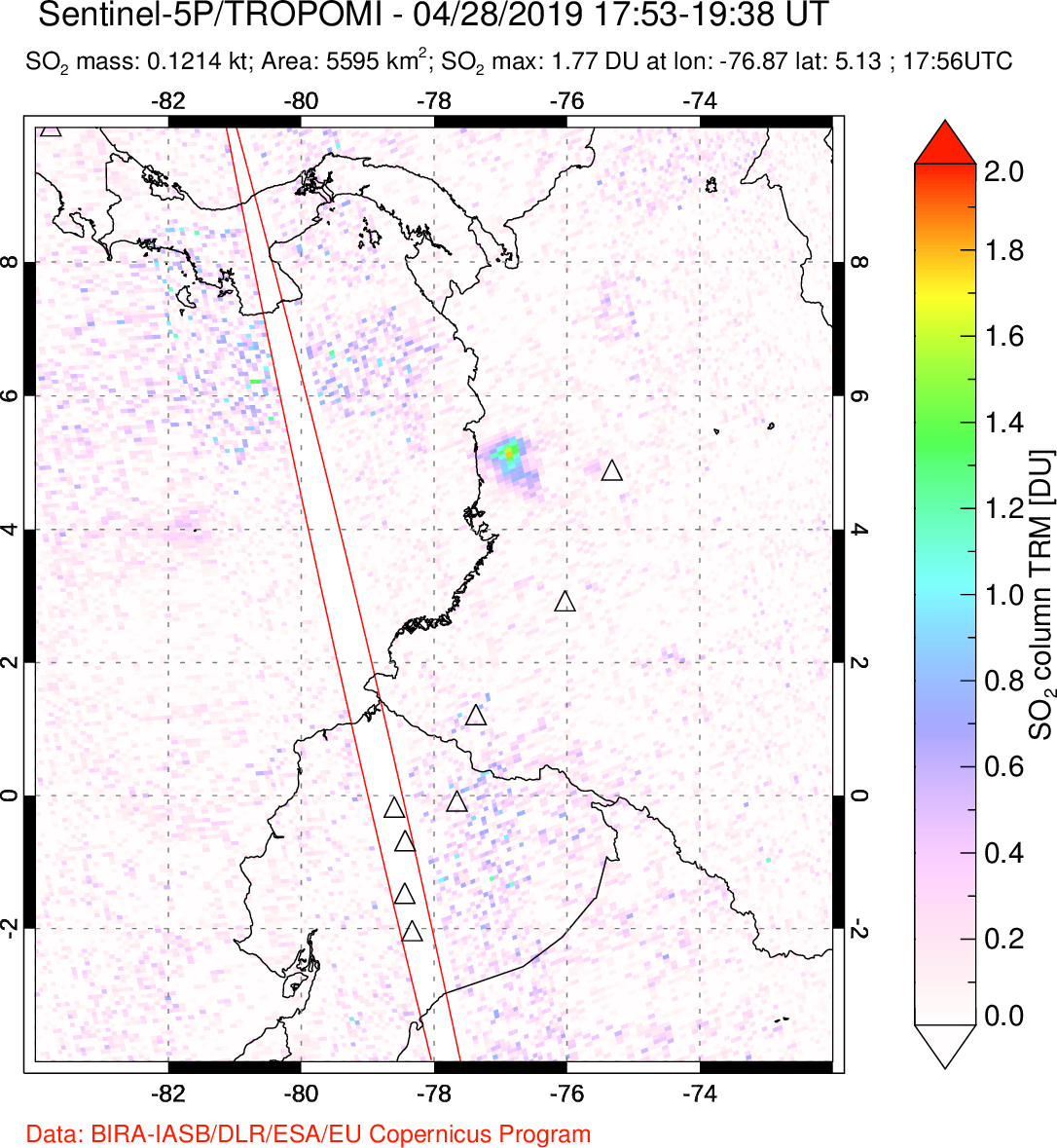 A sulfur dioxide image over Ecuador on Apr 28, 2019.