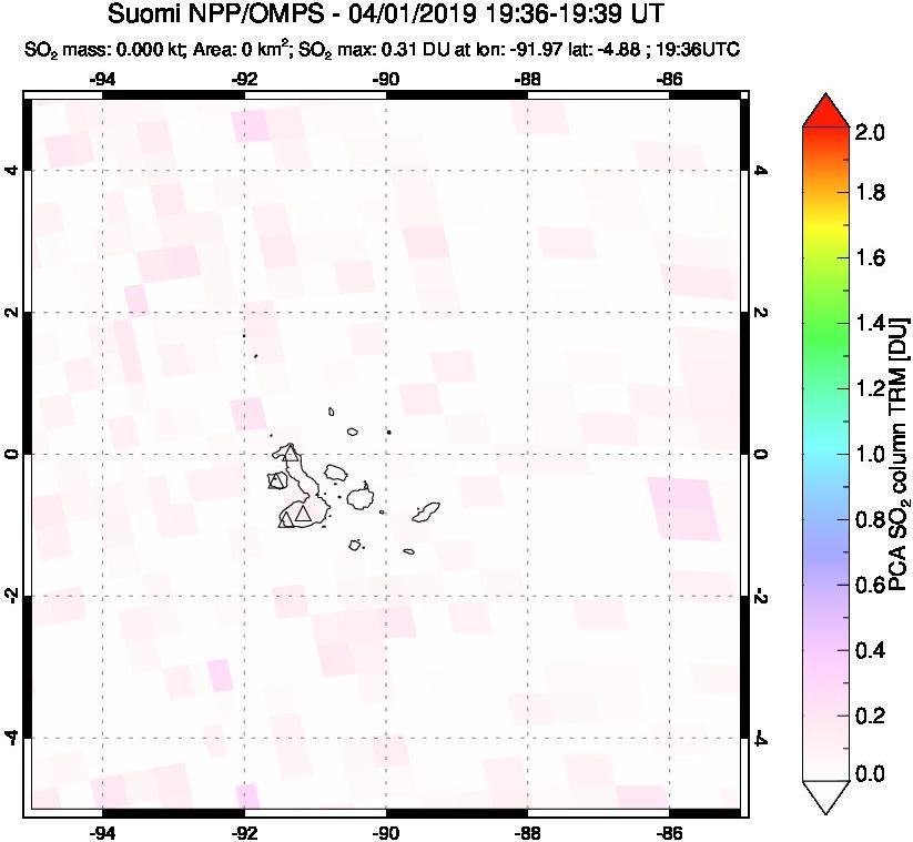 A sulfur dioxide image over Galápagos Islands on Apr 01, 2019.