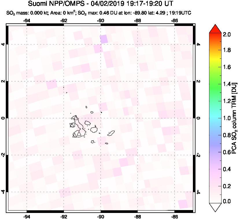 A sulfur dioxide image over Galápagos Islands on Apr 02, 2019.