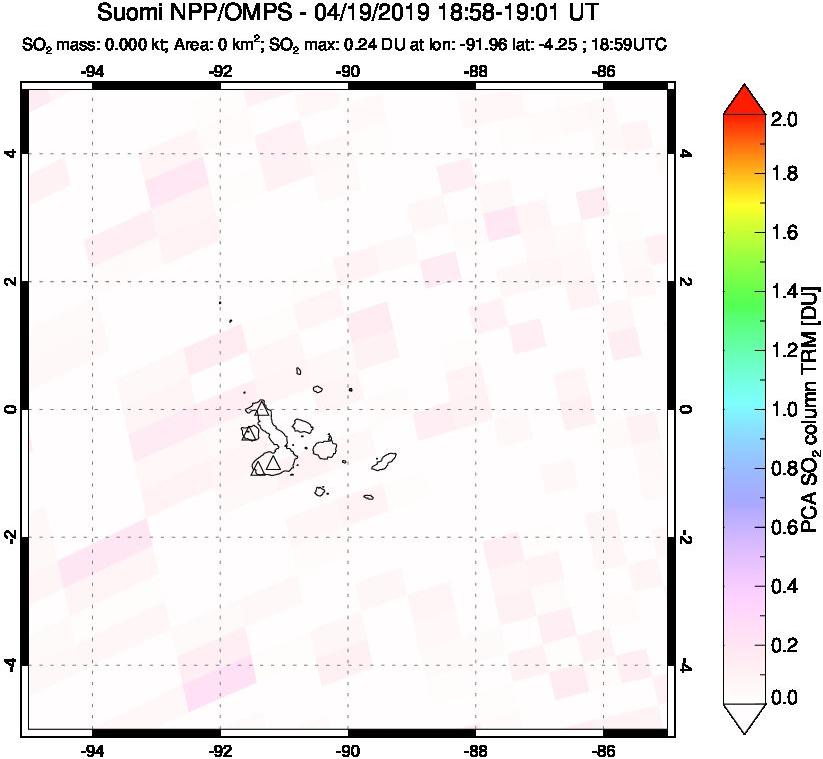 A sulfur dioxide image over Galápagos Islands on Apr 19, 2019.