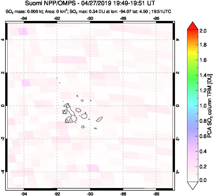 A sulfur dioxide image over Galápagos Islands on Apr 27, 2019.