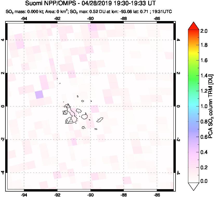 A sulfur dioxide image over Galápagos Islands on Apr 28, 2019.