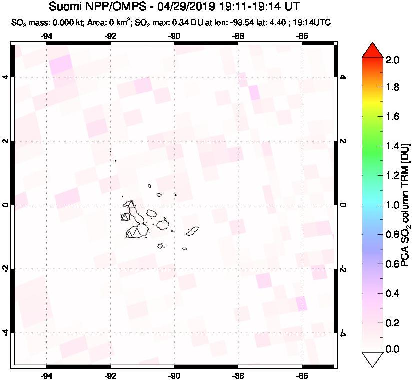 A sulfur dioxide image over Galápagos Islands on Apr 29, 2019.