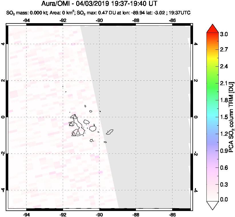 A sulfur dioxide image over Galápagos Islands on Apr 03, 2019.