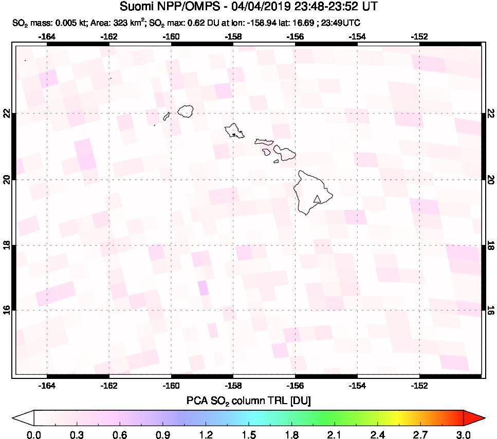 A sulfur dioxide image over Hawaii, USA on Apr 04, 2019.