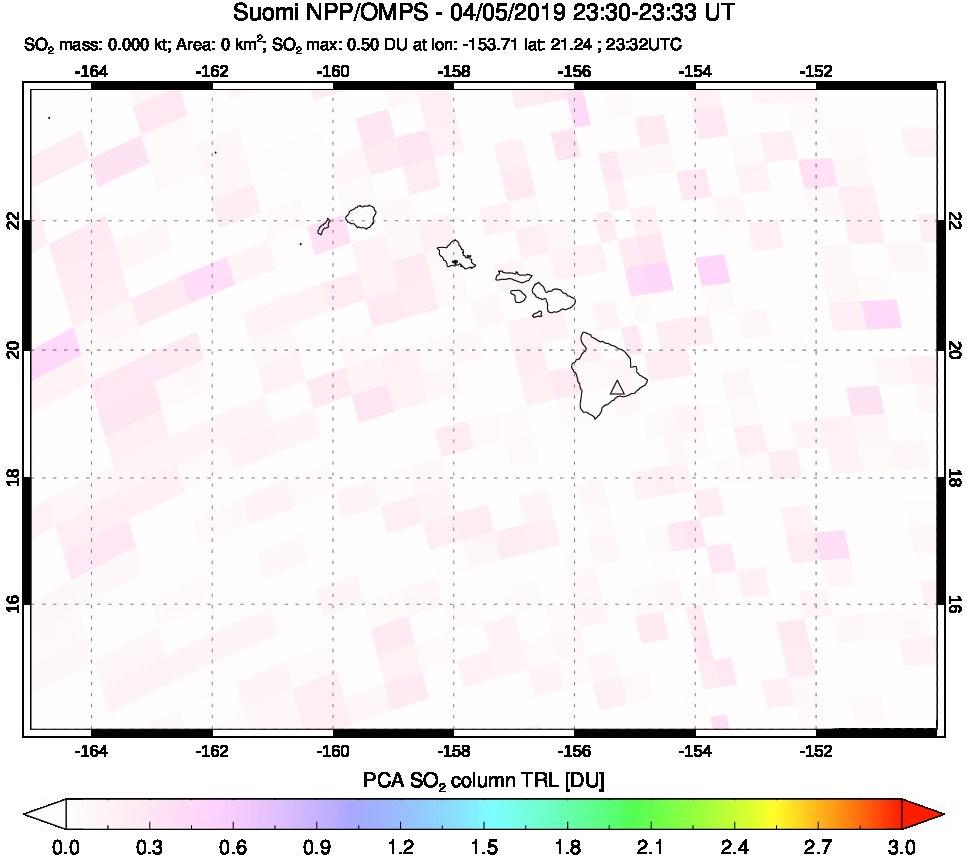 A sulfur dioxide image over Hawaii, USA on Apr 05, 2019.