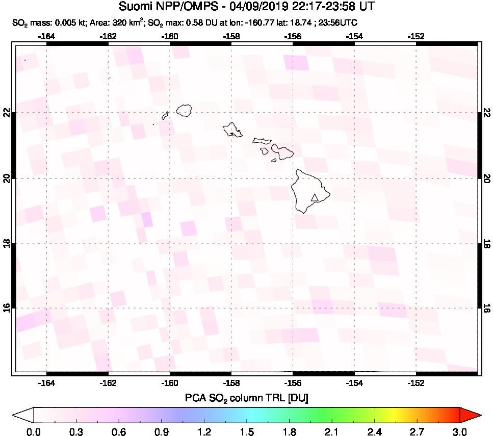 A sulfur dioxide image over Hawaii, USA on Apr 09, 2019.