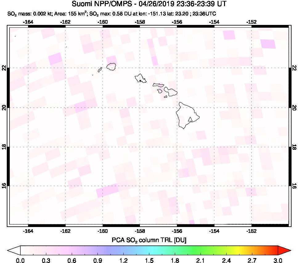 A sulfur dioxide image over Hawaii, USA on Apr 26, 2019.